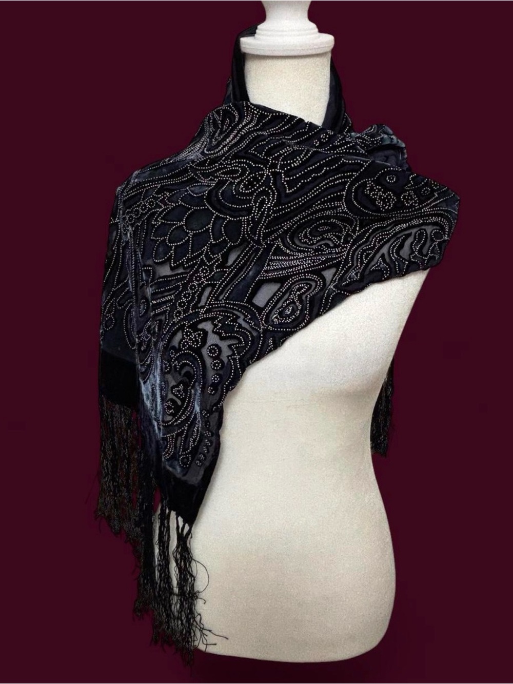 🌙✨Midnight Blue Velvet Burnout Paisley Fringe Scarf